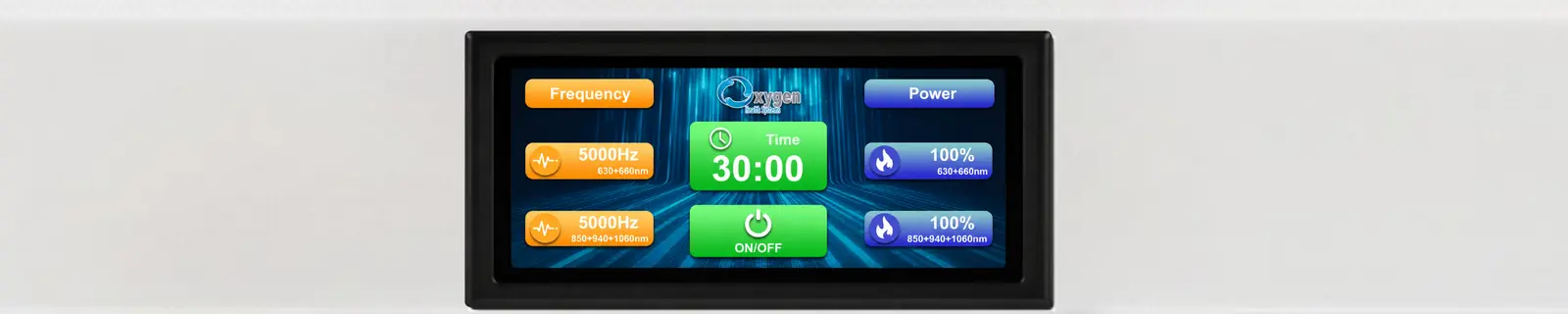 Control panel touchscreen showing 5-wavelength frequency and power controls for the MitoBooster V2